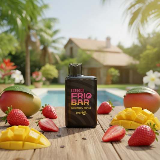 FRIOBAR Strawberry Mango vape in natural setting with fresh fruits